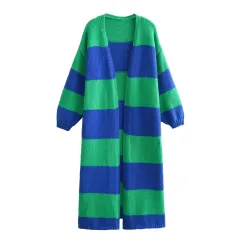 Autumn Women's Striped Loose Long Knitted Cardigan Coat - Blue - View 1