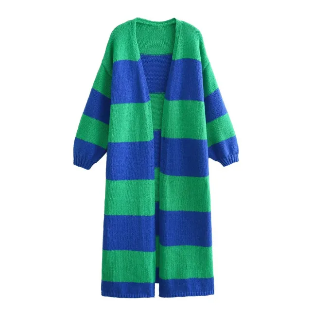 Autumn Women's Striped Loose Long Knitted Cardigan Coat Blue Green - Shop at LoveMi