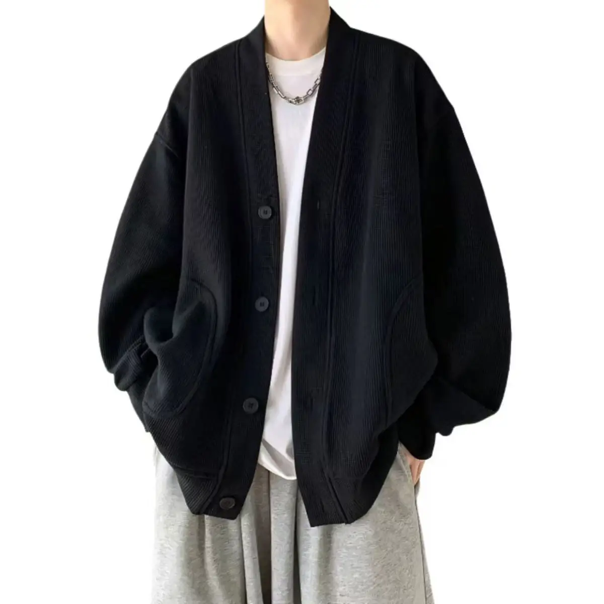 Loose Fit Vneck Hooded Cardigan