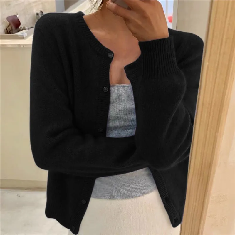 Women's Round Neck Solid Color Knitted Cardigan - Black