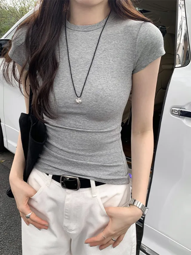 Round Neck T shirt American Shoulder Summer Short Sleeve Gray - Shop at LoveMi