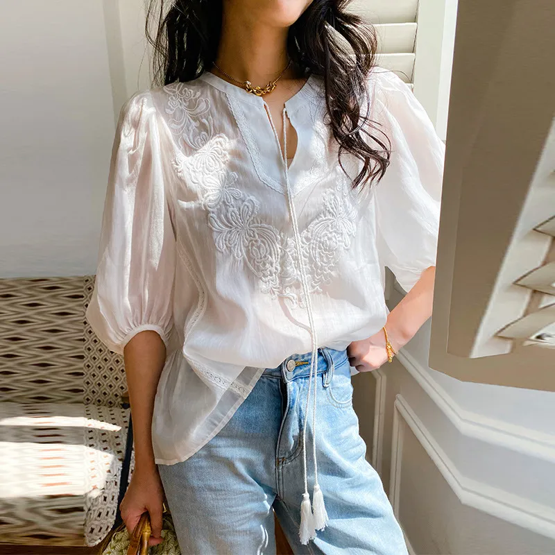 Women's Vacation Style Loose Top - Beige Shirt