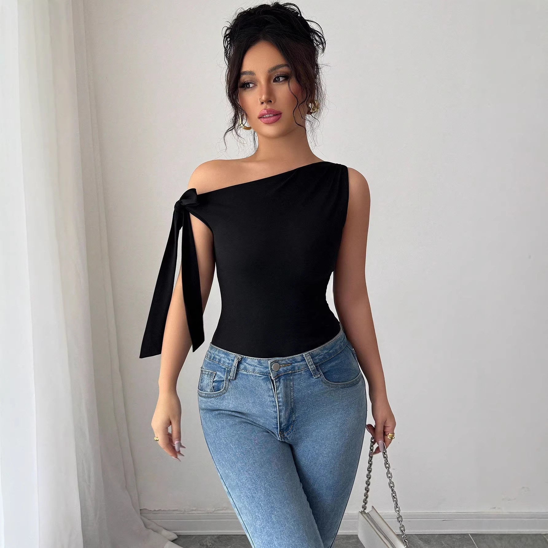 Womens Elegant Solid-color Off-shoulder Twist-tie Top