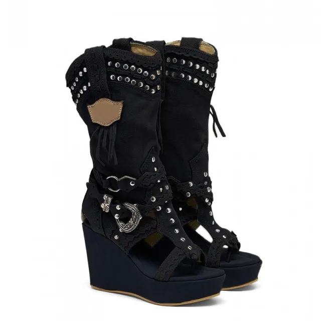 Plus Size High Heel Canvas Denim Wedge Hollow out Women's Shoes Black - Shop at LoveMi