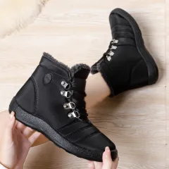 Hiking Shoes Warm Women's Snow Boots Lace-up Waterproof - Black - View 1