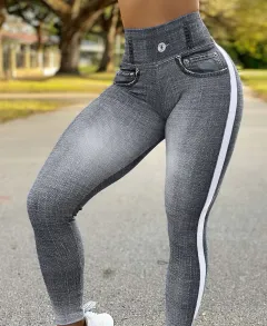 Women's Quick-drying Skinny Running Imitation Denim Yoga Pants - Gray - View 1