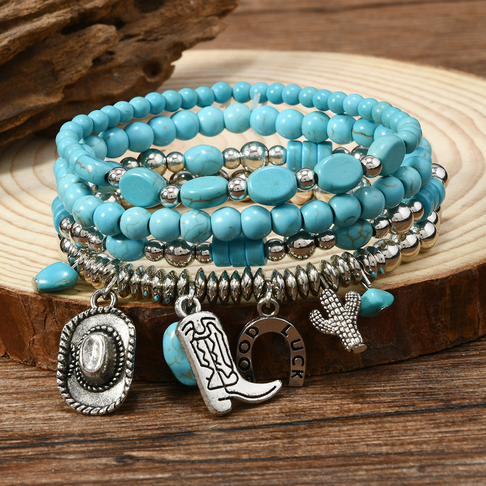 Comfort Elastic Turquoise Beaded Bracelet with Vintage U-Shape