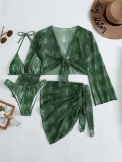 Swimsuit New Set Split Long Sleeve Bikini For Women - Green - View 1