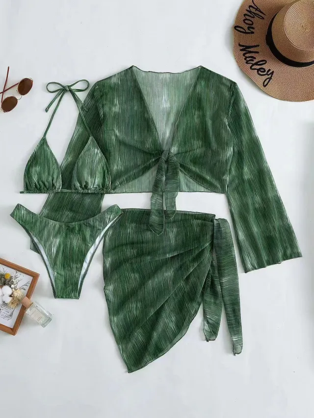 Swimsuit New Set Split Long Sleeve Bikini For Women Green - Shop at LoveMi