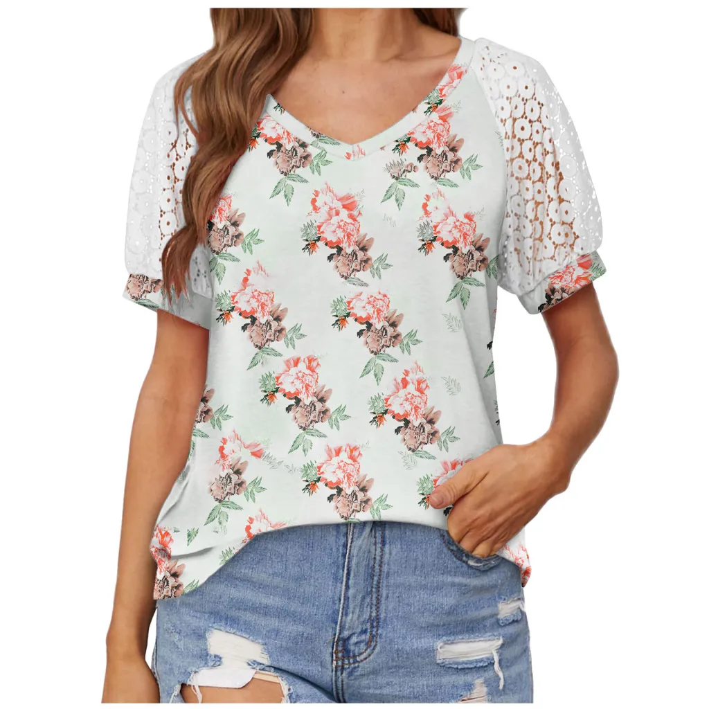 V-neck Lace Stitching Casual T-shirt For Women - Printed Two-L