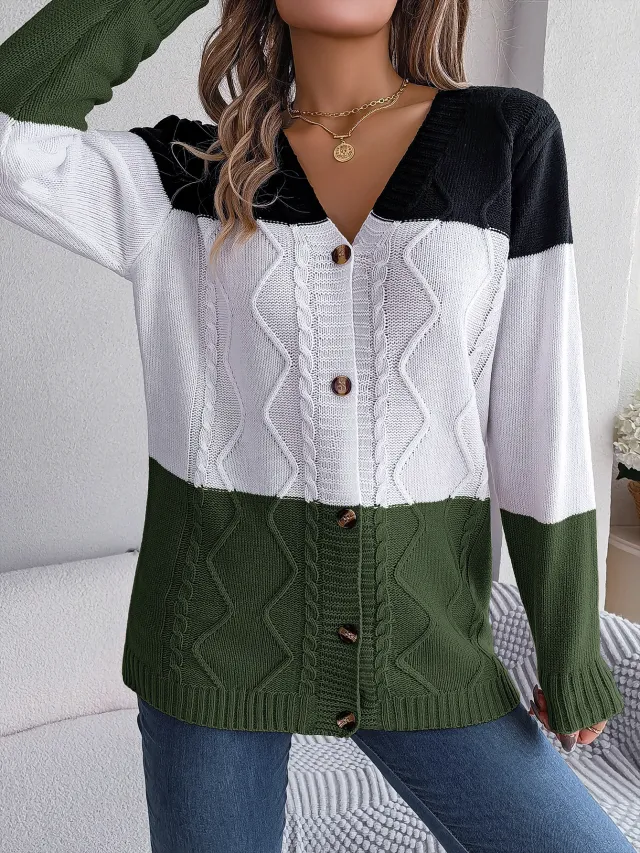 Casual Contrast Color Button Long Sleeve Sweater Green - Shop at LoveMi