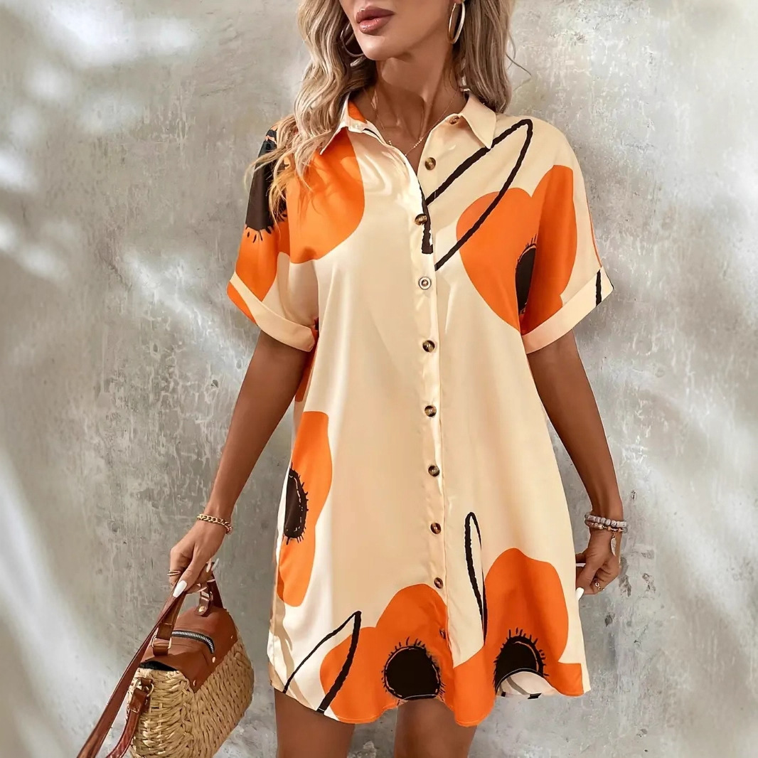 New Printed Fashion Casual Women's Shirt Dress Orange Red - Shop at LoveMi