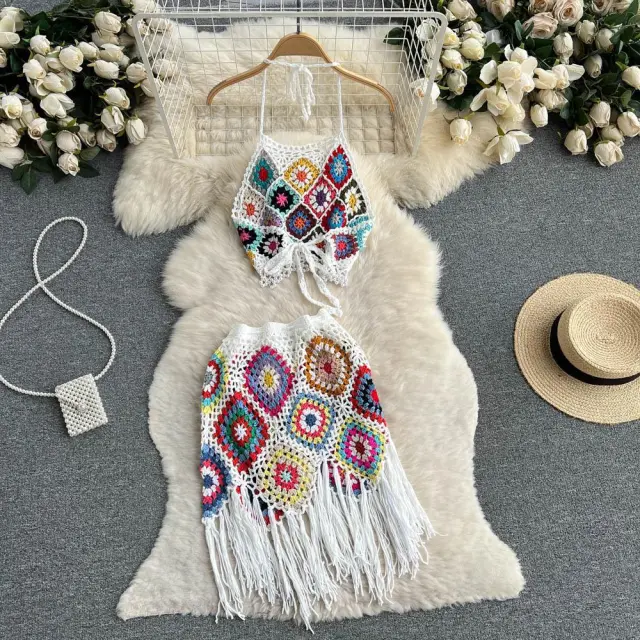 Bohemian Style Knitted Hollow Crocheted Halter Tube Top Short Skirt Two piece Set White - Shop at LoveMi