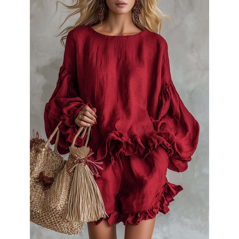 Women's lantern sleeve set in dark blue – loose top with matching shorts