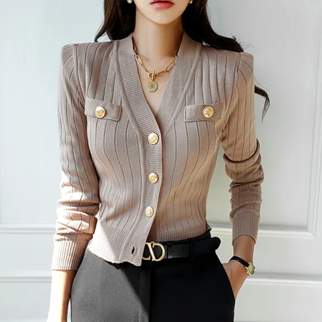 V neck Slim fit Slim fit Right angle Shoulder Long sleeved Knitted Cardigan Black - Shop at LoveMi