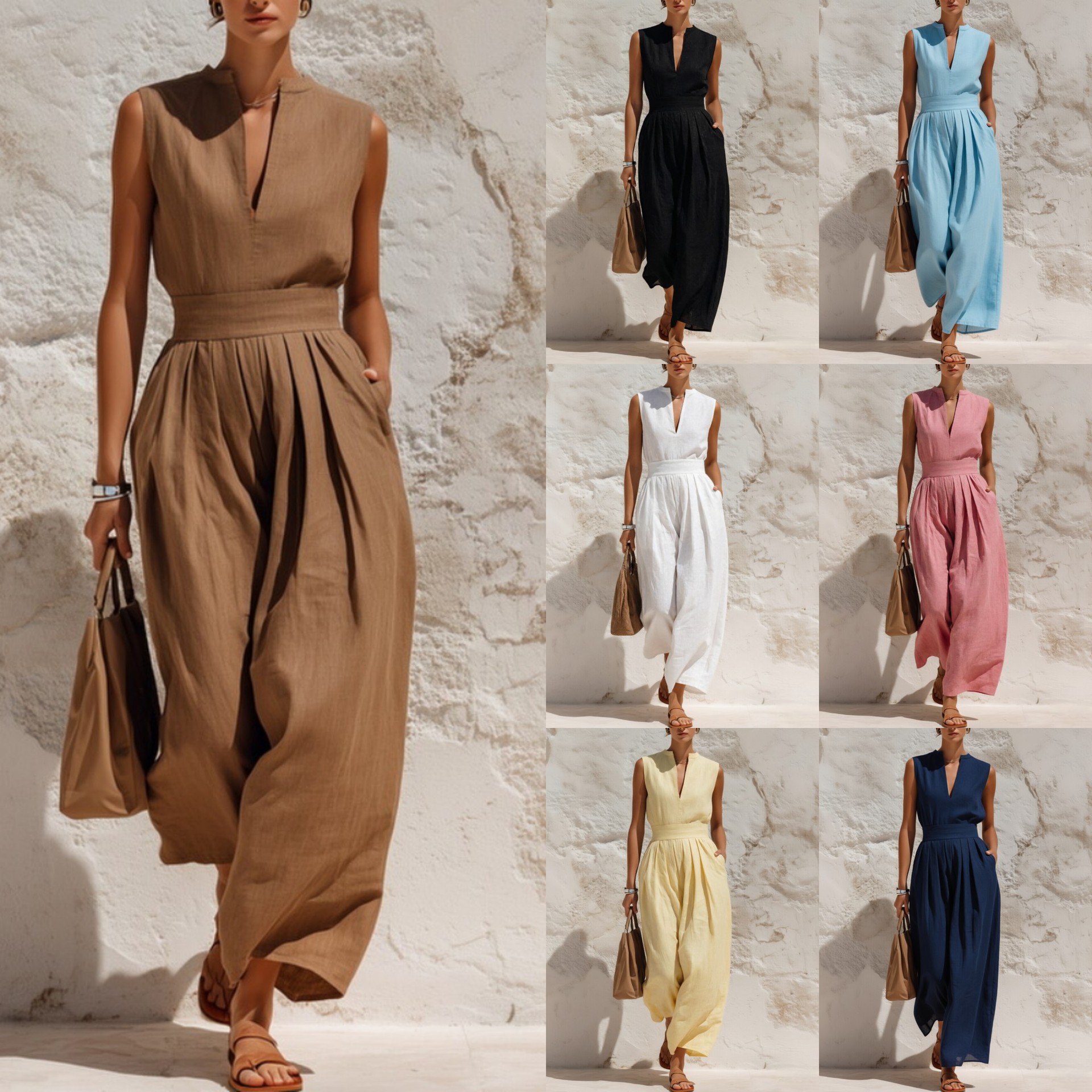 Sleeveless High-waisted Loose-fitting Wide-leg Pants Casual Jumpsuit For Women