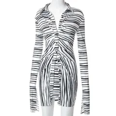 Summer Solid Color Loose Drooping Smooth Pleated Casual Two-piece Suit - Black White Stripe - View 1
