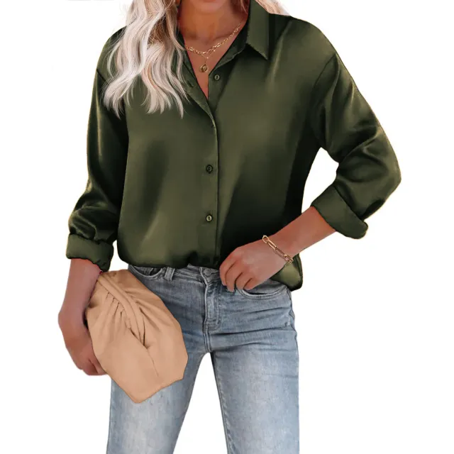 Women's Satin Silk Button Shirt European And American Leisure Loose Long Sleeve Satin Top Green - Shop at LoveMi