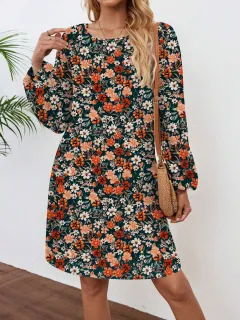 Women's European And American Printed Long Sleeve Short Dress - Floral - View 1