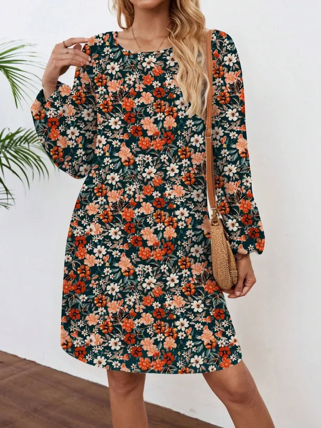 Women's European And American Printed Long Sleeve Short Dress Floral - Shop at LoveMi