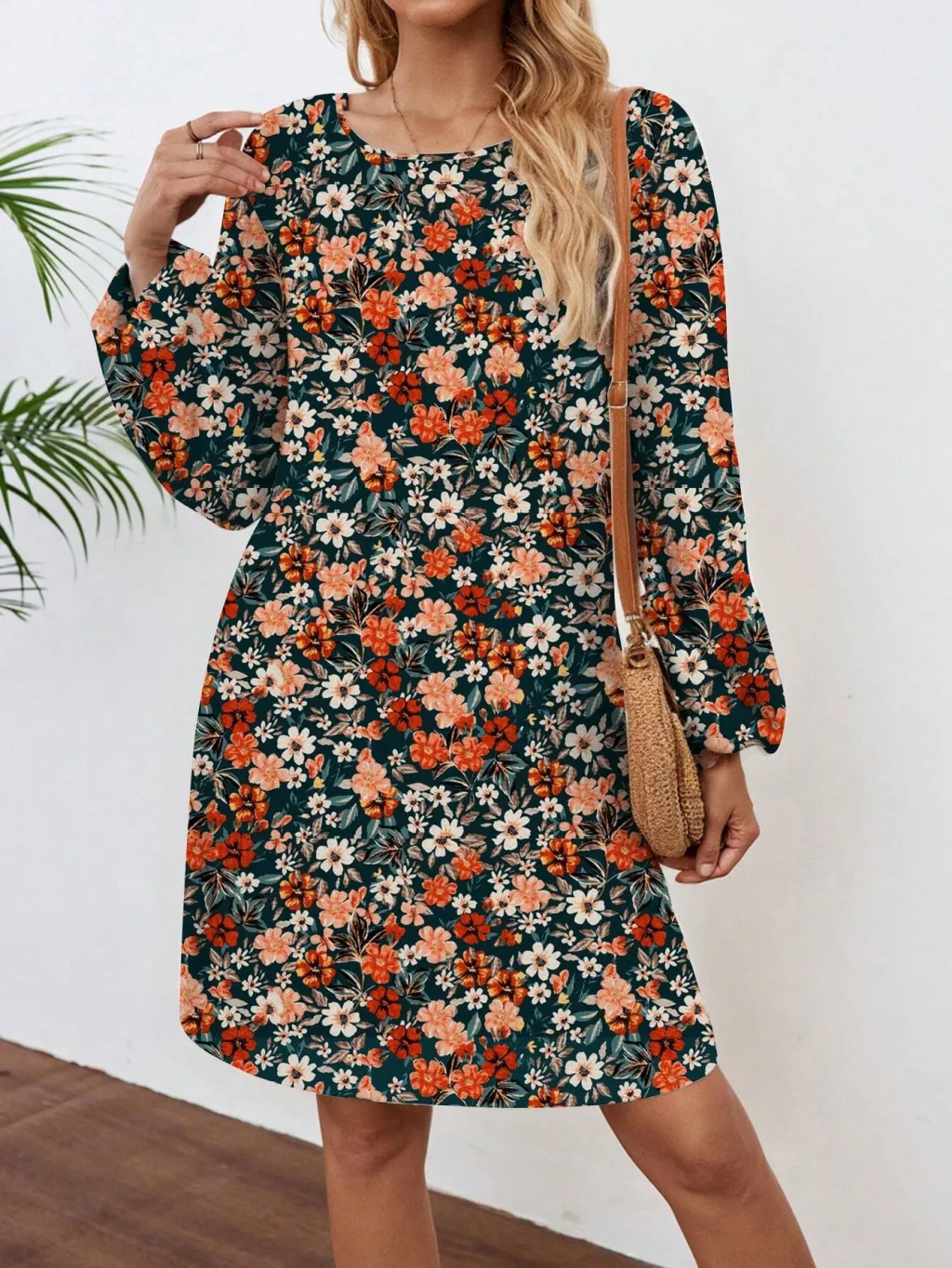 Women's European And American Printed Long Sleeve Short Dress - Floral