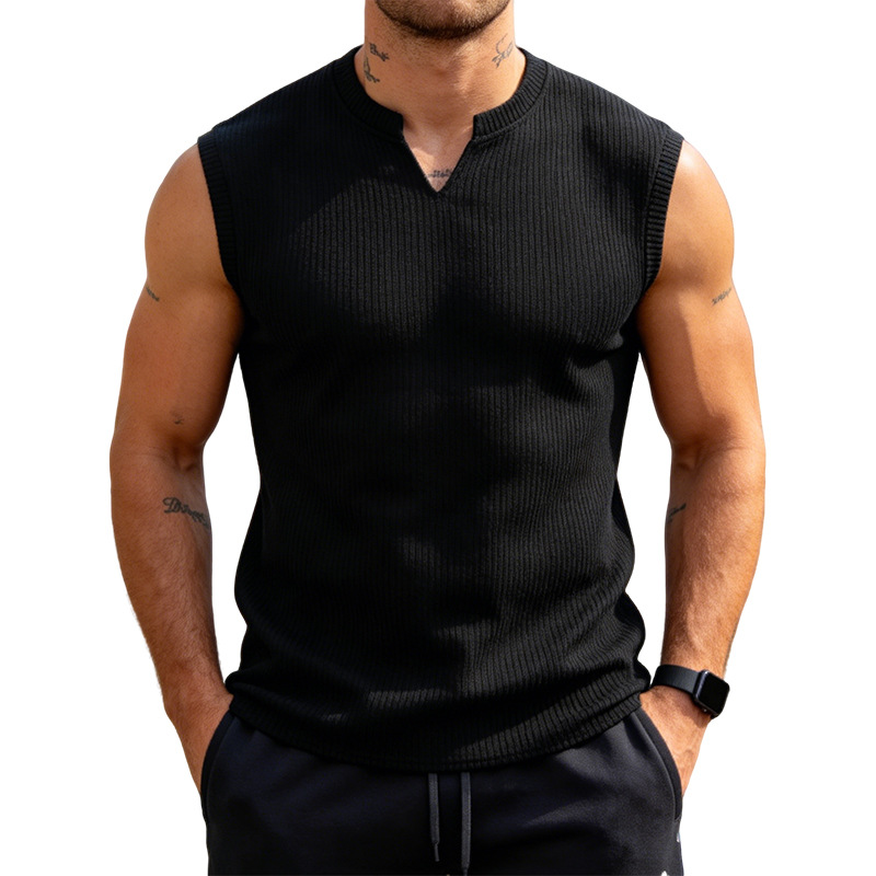 Men’s Knitted Vertical Stripe Sleeveless Tank Top Slim Fit Sports Gym Vest