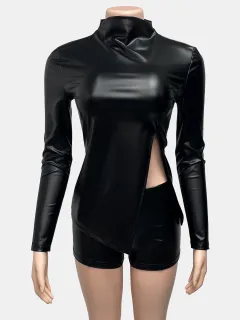 New Women's Top With Side Slit Tight High-waisted Shorts - Black - View 1