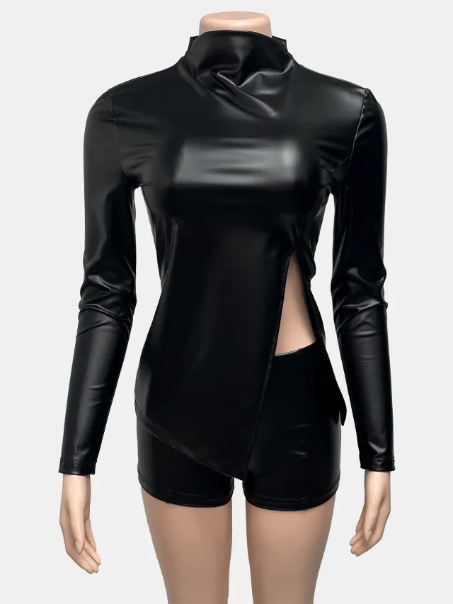 New Women's Top With Side Slit Tight High waisted Shorts Black - Shop at LoveMi