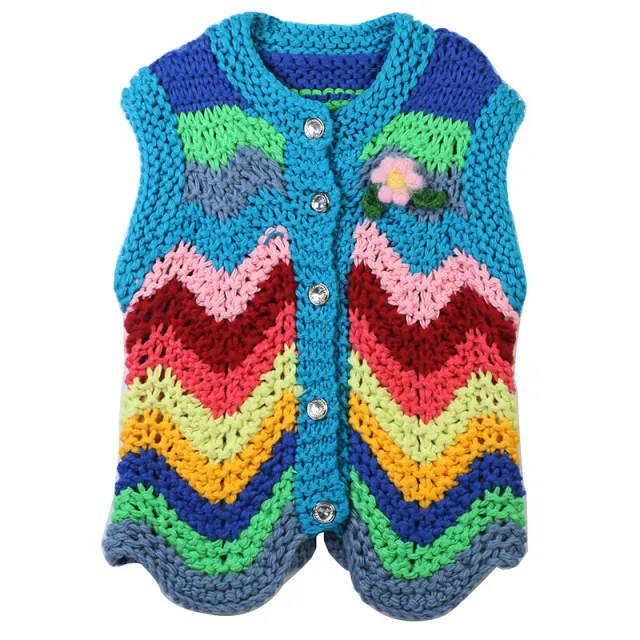 Vintage Flower Female Knitting Upperwaear Vest Blue - Shop at LoveMi