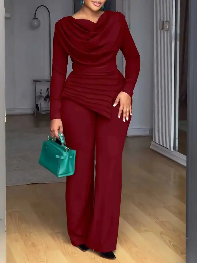 Cropped Top Flared Pants Fashion Casual Set Wine - Shop at LoveMi