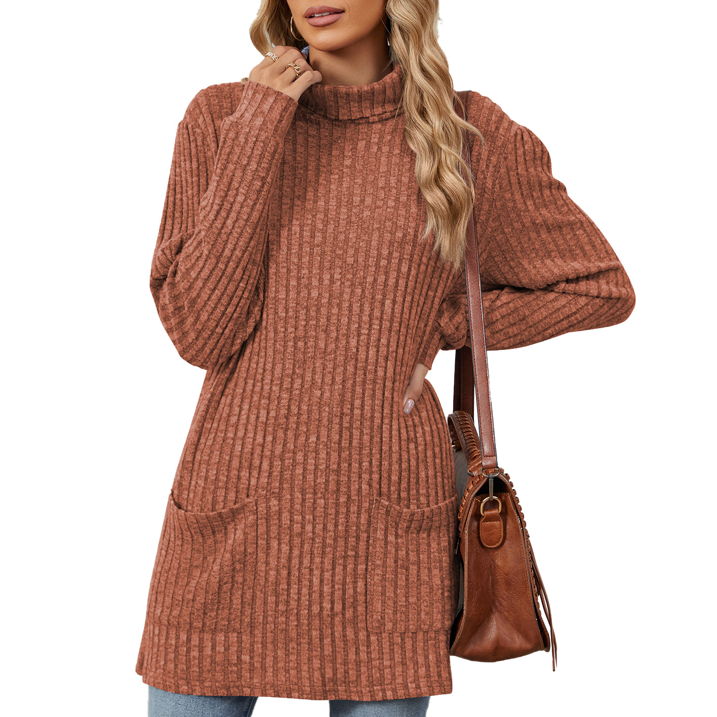 Mock-neck Long-sleeve Casual Womens Top With Pockets