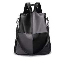 Fashion Stitching Contrast Colour Soft Leather Backpack - Black - View 1