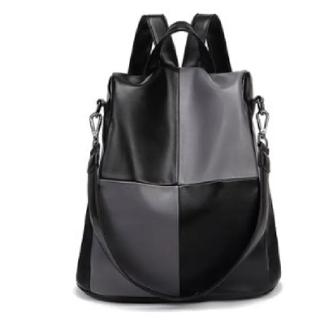 Fashion Stitching Contrast Color Soft Leather Backpack Black - Shop at LoveMi