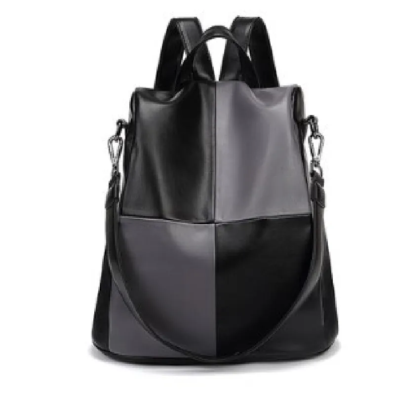 Fashion Stitching Contrast Color Soft Leather Backpack - Black