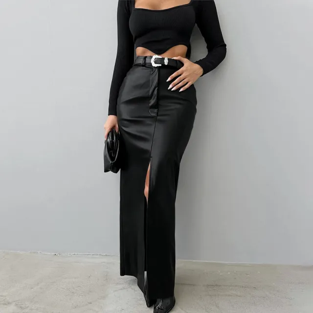 French Style Khaki PU Leather Skirt Women's Simple Split High Waist Straight Dress Black - Shop at LoveMi