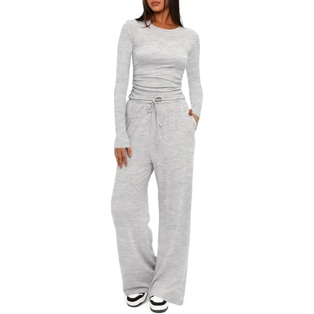 Women's Suit Autumn Winte Long Sleeve Tops High Waisted Wide Leg Pants Sportswear Female Clothes Solid Color Casual Suit Gray - Shop at LoveMi