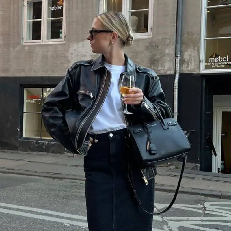 Women's Sheepskin Coat Retro Biker's Leather