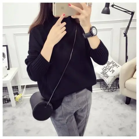 White Turtleneck Sweater Women's Pullover - Black