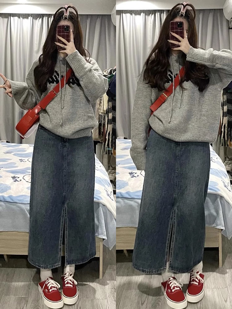 Retro Denim Skirt Fall Pear Shapes Split Straight