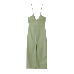 Beautiful Fashion Slim Linen Midi Skirt Dress - Army Green - View 1