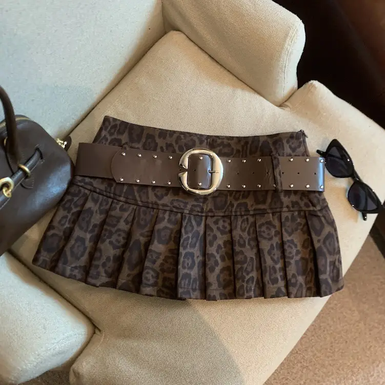 American-style Leopard-print Coffee-colored Chic Casual Pleated Skirt Womens Fashionable Statement Soft-sexy Midi Skirt