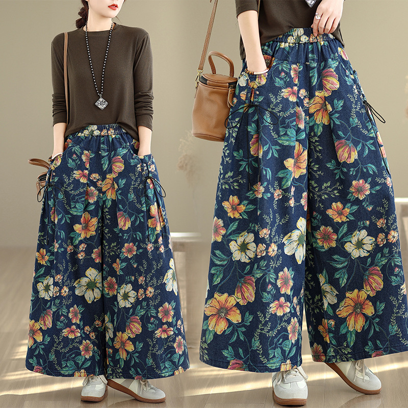 Retro Floral Print Versatile Fashionable Wide-leg Jeans