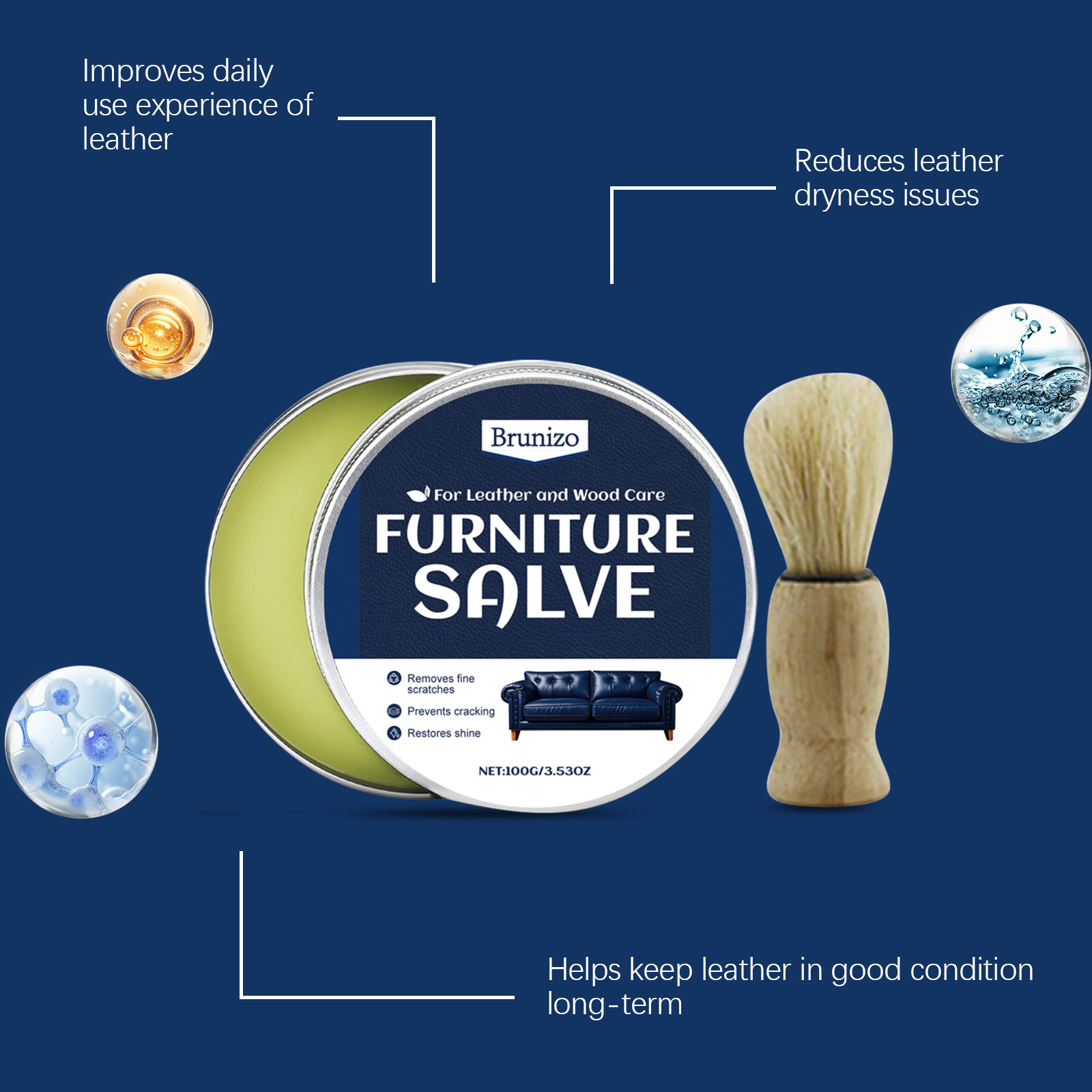 Professional leather furniture care kit with conditioning agent bottle and application brush