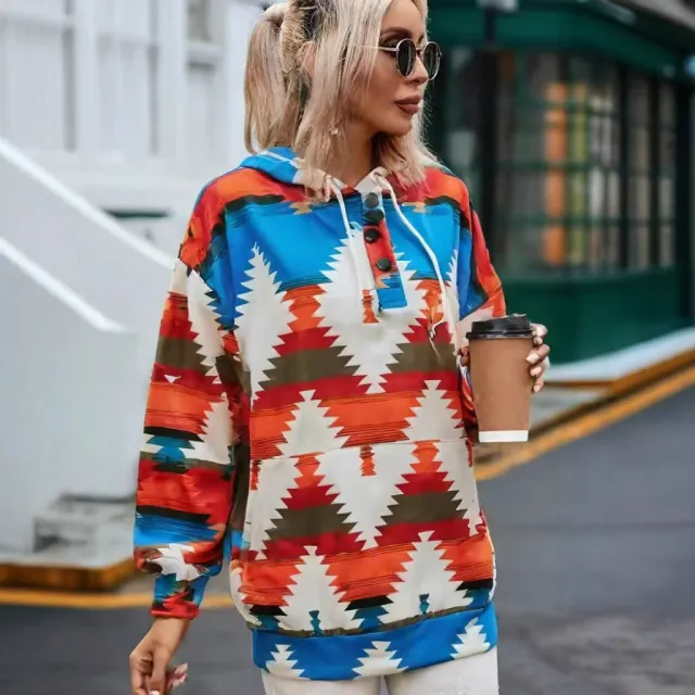 Geometric Pattern Long Sleeve Loose Hooded Button Pocket Sweatshirt Blue - Shop at LoveMi