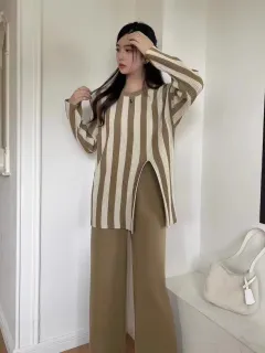 Vertical Stripes Crew Neck Split Knitwear Top High Waist Wide Leg Trousers Fashion Two-piece Suit - Camel - View 1