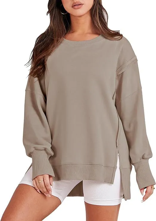 Round Neck Long Sleeve Top Female Frayed Hem Split Patchwork Sweater Khaki - Shop at LoveMi