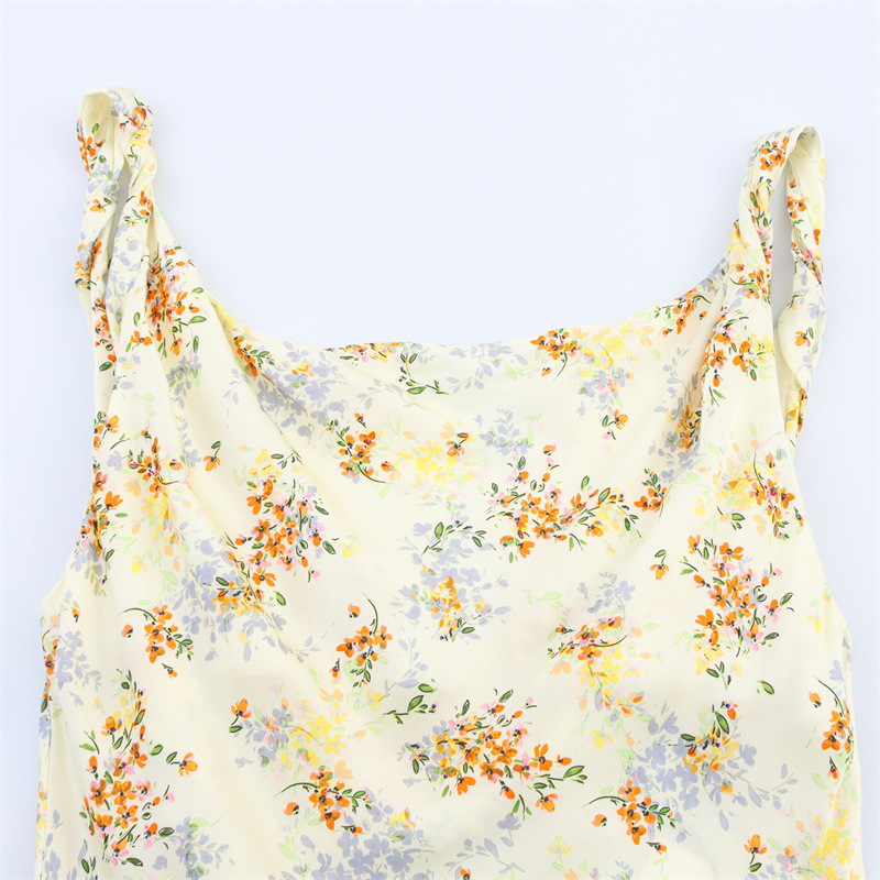 New Summer Ethnic Style Floral Silk Satin Texture Printing Slip Dress