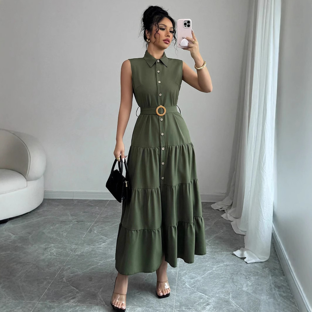 Womens Solid-color Dress With A Shirt Collar