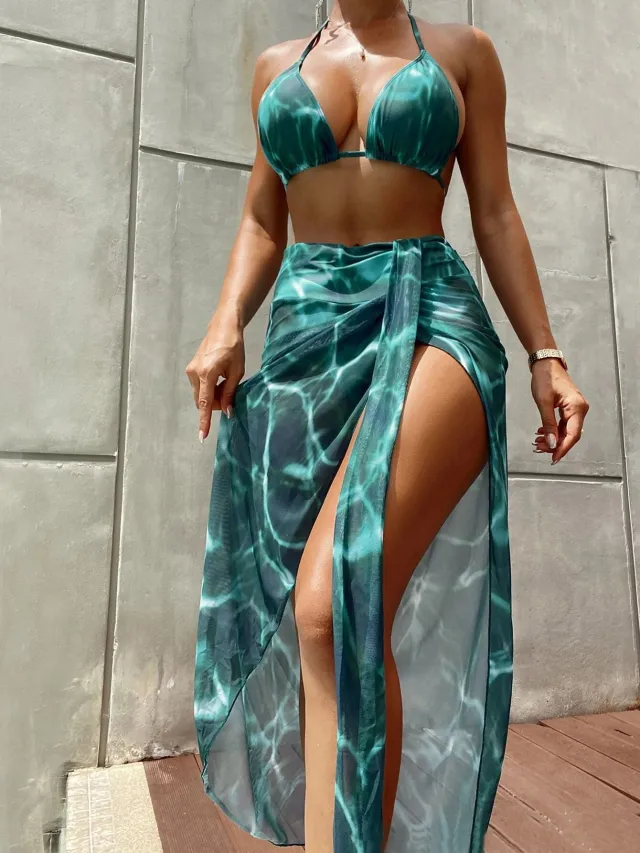 Split Three piece Bikini Swimsuit For Women Green - Shop at LoveMi
