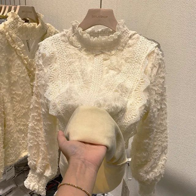 Women's Half Turtleneck Fleece lined Thick Long Sleeve Lace Bottoming Shirt Top Apricot - Shop at LoveMi